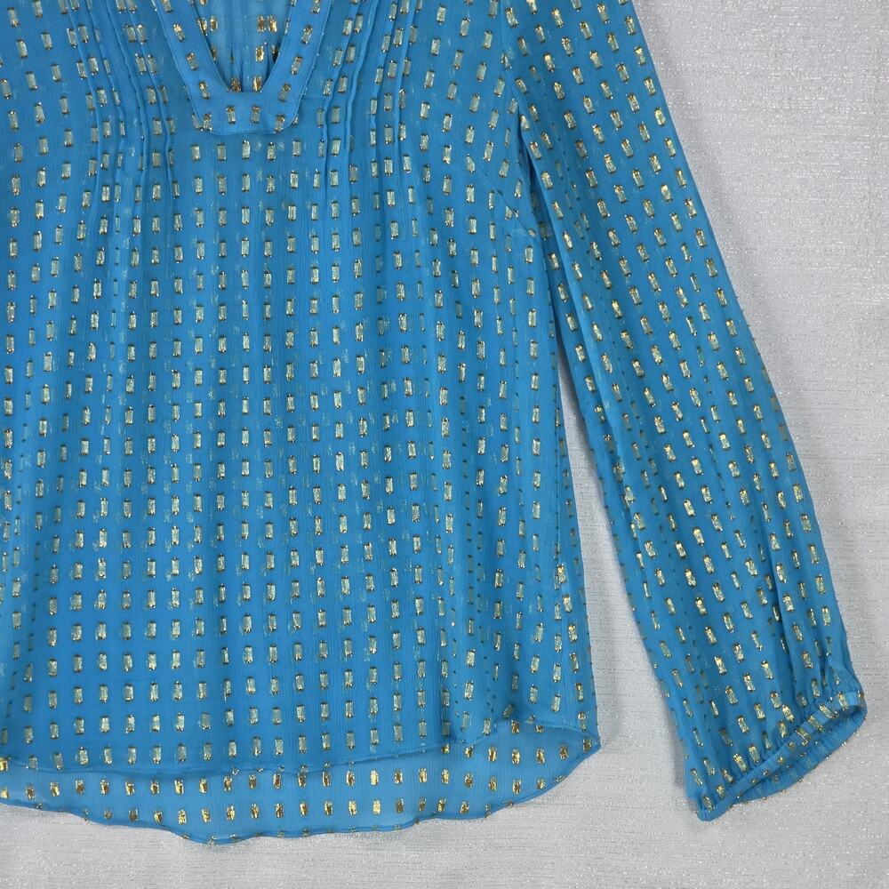 Lilly Pulitzer Colby Blue Silk Tunic Long Sleeve Blouse Sheer Gold Metallic Sm - Picture 3 of 6